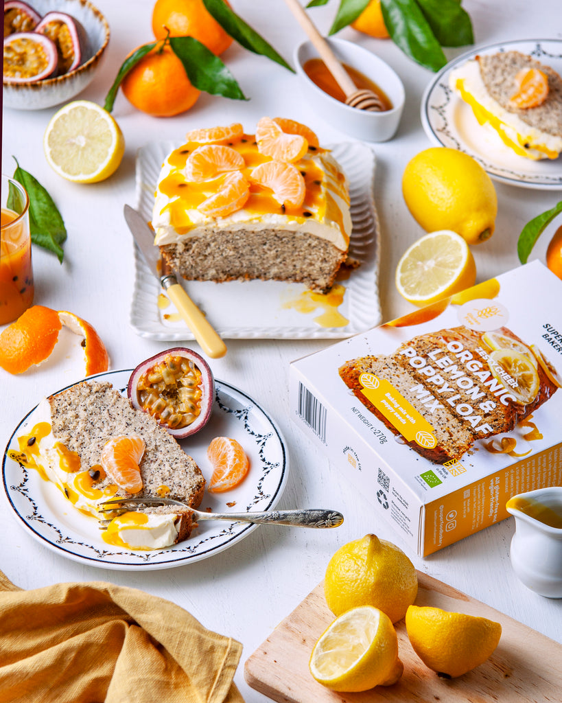 Lemon and poppy loaf with mascarpone and passion fruit frosting